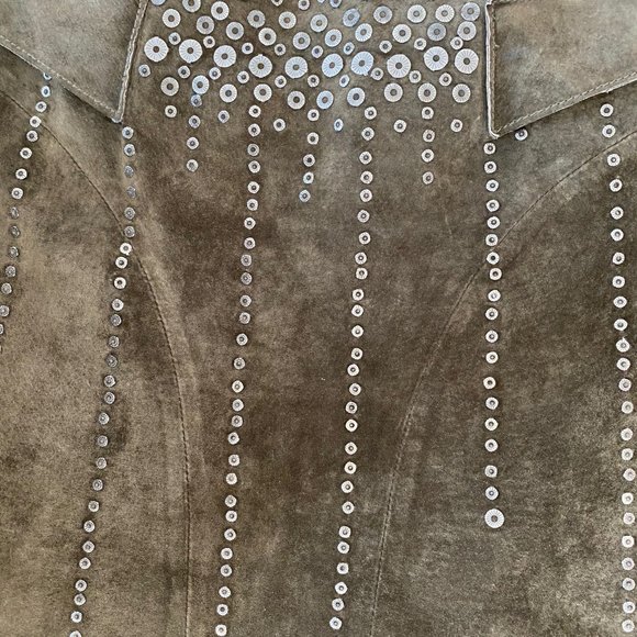 BCBG MAX AZRIA Suede A-Line Midi Skirt Side Zip Laces Studs Size 4 Knee Length - Picture 2 of 14